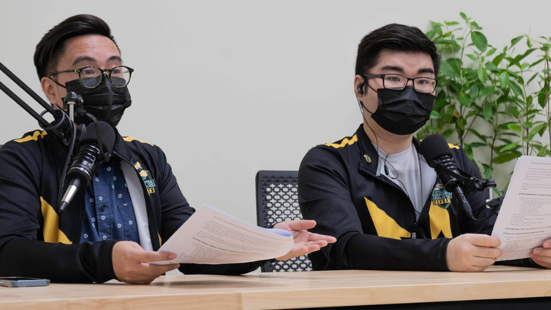 Triton esports mental health coach, Paul Lazarra, left, and head shoutcaster Alan Passauer emcee the first awards ceremony for Triton esports on December 16