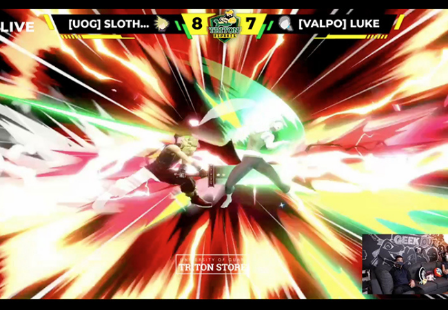 Christian “Sloth” Ballesta of Triton Esports defeats Luke Hittle of Valparaiso University (Ind.) in a Super Smash Bros. Ultimate friendly crew battle on March 14.
