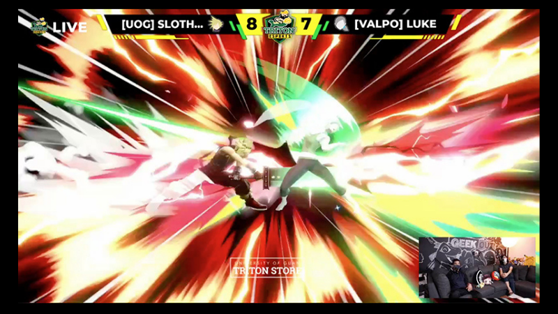 Christian “Sloth” Ballesta of Triton Esports defeats Luke Hittle of Valparaiso University (Ind.) in a Super Smash Bros. Ultimate friendly crew battle on March 14.