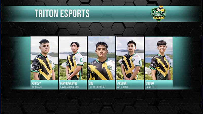 Triton Esports Competitors for the Latte Esports Valorant Summer Series 2021: John Paul "Jrizzy" Tamayo, Gavin "Mango" Mangosong, Phillip "Que" Quenga, Team Captain An "Akursa" Truong, and Daniel "Chobo" Lee