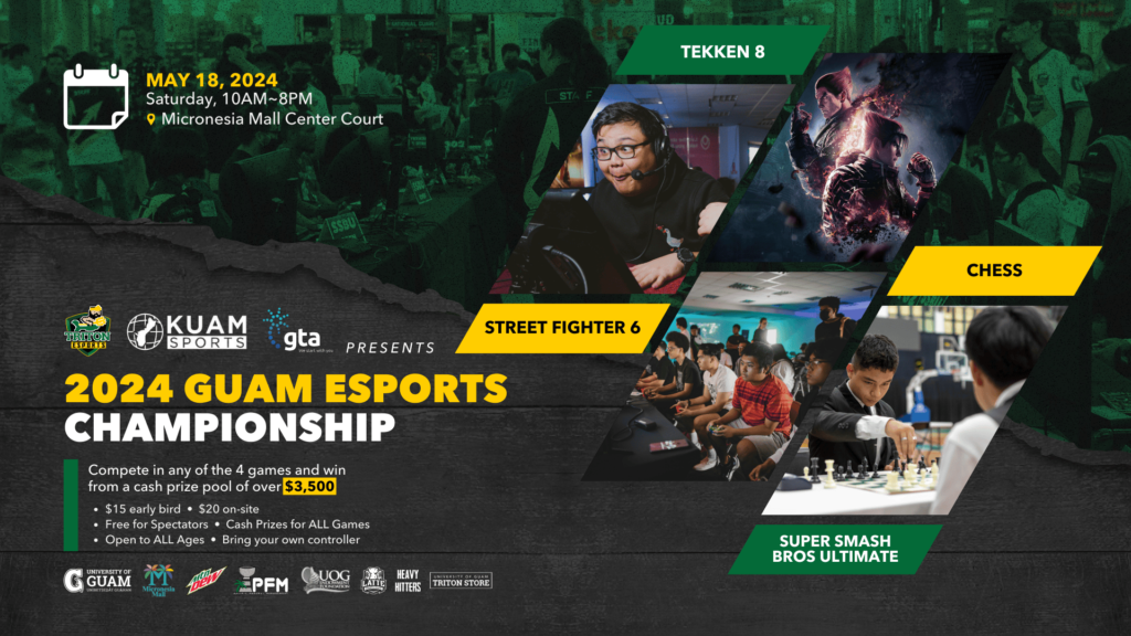 UOG Triton Esports, KUAM Sports, and GTA presents the 2024 Guam Esports Championship, happening on May 18, from 10 a.m. to 8 p.m. at the Micronesia Mall Center Court.